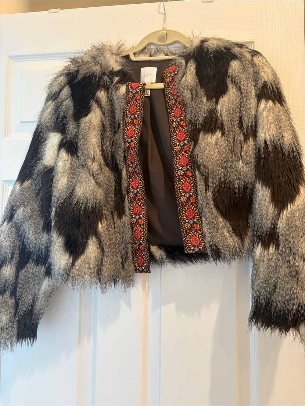 Leith Black & Gray Faux Fur Cropped Jacket with Embroidered Trim
